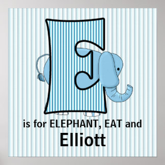 Póster Elefante Azul Monograma E Habitación de Bebé