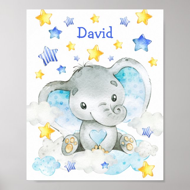 Póster Elefante Azul Personalizado  de niño de enfermería (Frente)