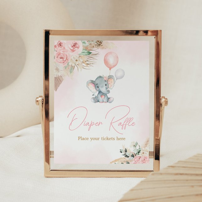 Póster Elefante Baby Shower de globo rosa Diaper Raffle (Pink Floral Pampas Grass Elephant Baby Shower Diaper Raffle Sign)