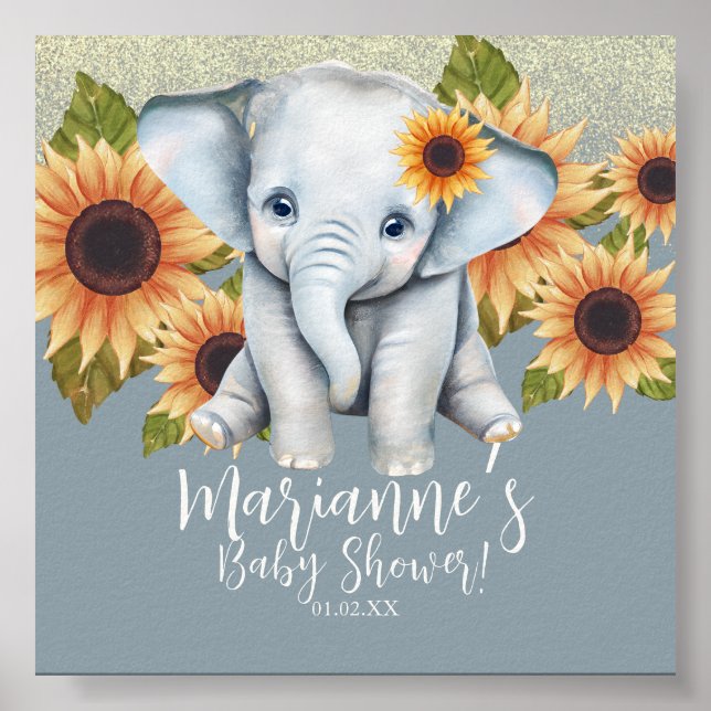 Póster Elefante Baby Shower Sunflower Purpurina Dusty Blu (Frente)