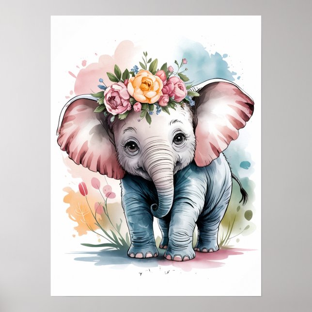 Póster Elefante bebé adorable con corona floral (Frente)