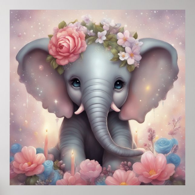 Póster Elefante bebé adorable con flores (Frente)