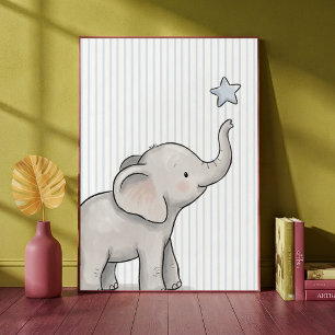 Póster Elefante Bebé Alcanzando la Estrella Rayas Azules