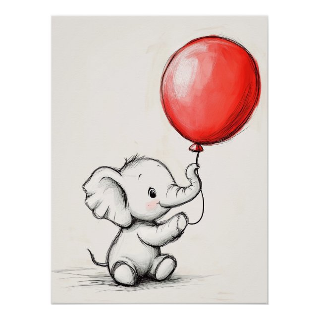 Póster Elefante bebé amistoso con globo rojo (Anverso)