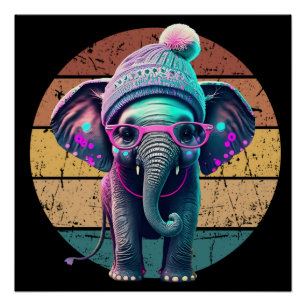 Póster Elefante bebé con beanie y gafas rosas