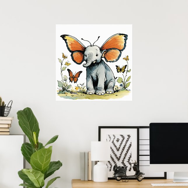 Póster Elefante bebé con orejas de mariposa monarca (Oficina en casa)
