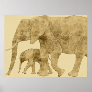 Póster Elefante bebé con su madre