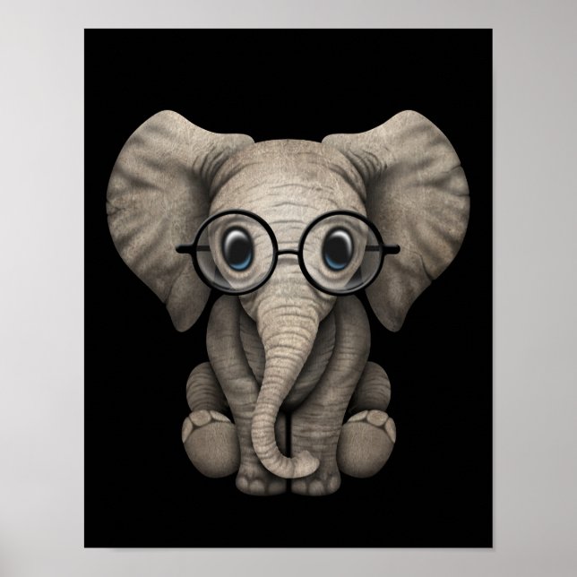 Póster Elefante bebé lindo con lentes de lectura negro (Frente)