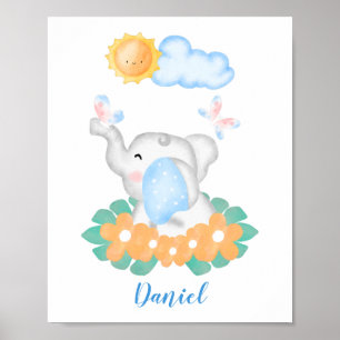 Póster Elefante bebé lindo con poster de flores naranja