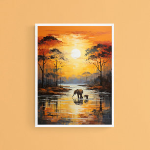 Póster Elefante bebé y mami disfrutando de la puesta de s