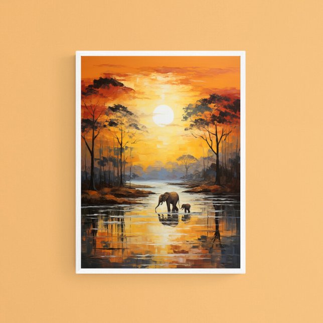 Póster Elefante bebé y mami disfrutando de la puesta de s (Subido por el creador)