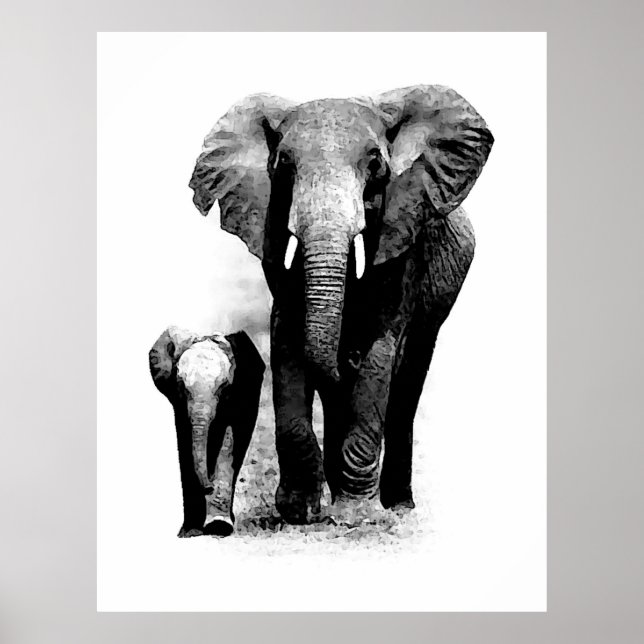 Póster Elefante BW y Poster de elefantes para bebés (Frente)