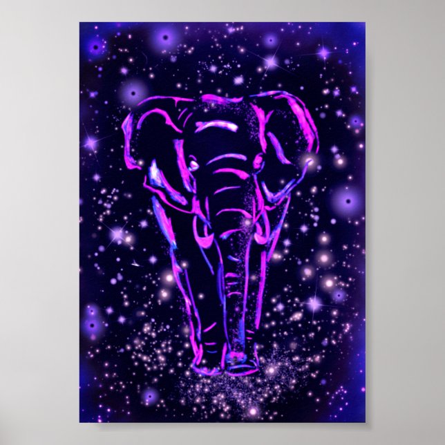 Póster Elefante Caminando Poster Pintado Nocturno Púrpura (Frente)