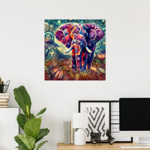 Póster Elefante caprichoso en la noche Estrellas moradas