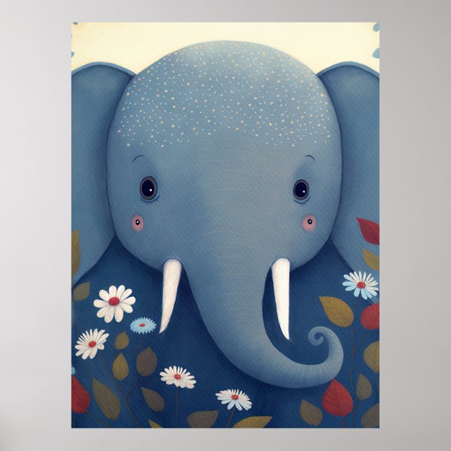 Póster Elefante caprichoso y flores (Frente)