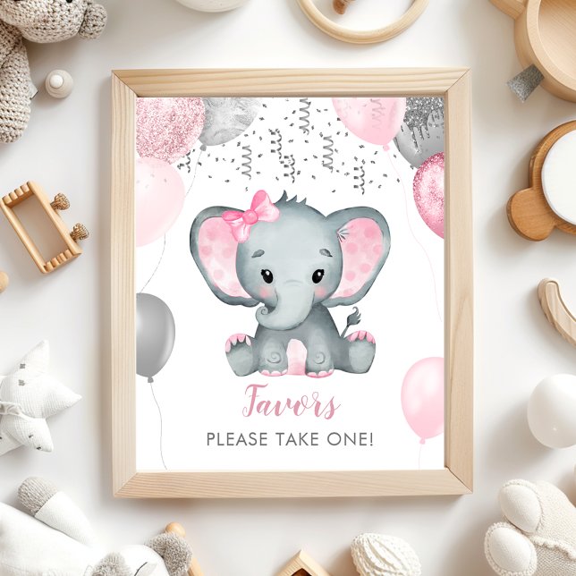 Póster elefante Chica lindo globos Baby Shower favorece (Cute Girl Elephant Balloons Baby Shower Favors Poster)