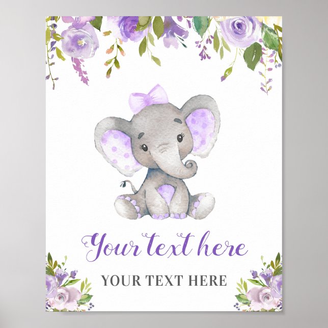 Póster Elefante Chica Púrpura Baby Shower Sprinkle Cumple (Frente)