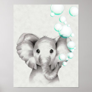 Póster Elefante de 11x14 Soplando Burbujas por la Trompa