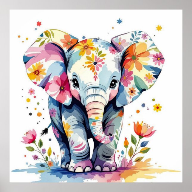 Póster Elefante de acuarela floral (Frente)