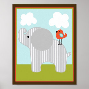 Póster Elefante de animales salvajes con Poster de pájaro