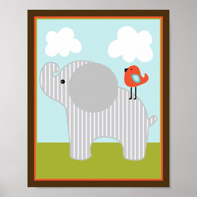 Póster Elefante de animales salvajes con Poster de pájaro (Frente)