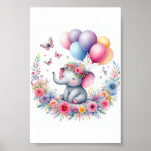 Póster Elefante De Bebé Acuarela Con Globos Y Flores