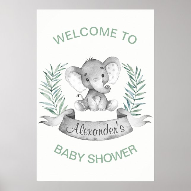 Póster Elefante de color agua Baby Shower (Frente)