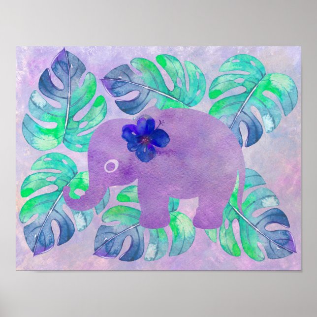 Póster Elefante de color de agua Jungla Tropical Monstera (Frente)