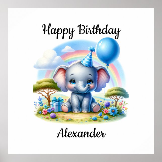 Póster Elefante de Cumpleaños Adorable en Gorra Fiesta Az (Frente)