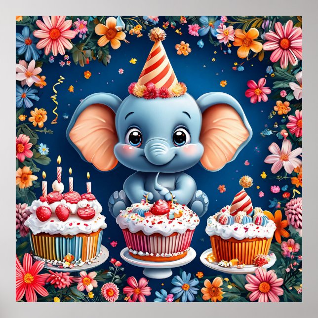 Póster Elefante de cumpleaños con pastel y globos (Frente)