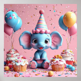 Póster Elefante de cumpleaños con torta y globos