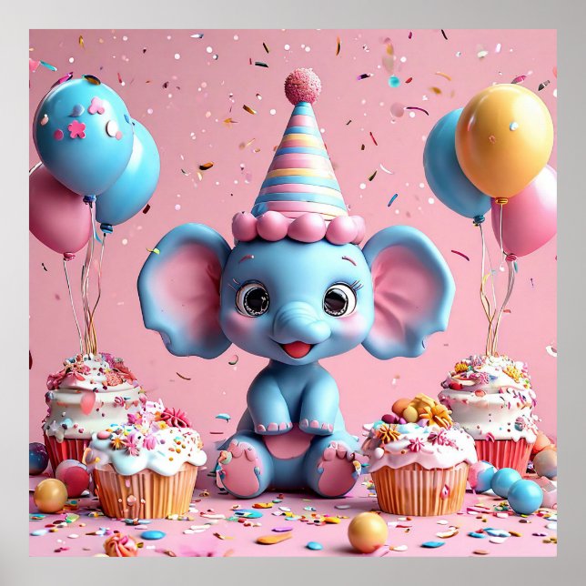 Póster Elefante de cumpleaños con torta y globos (Frente)