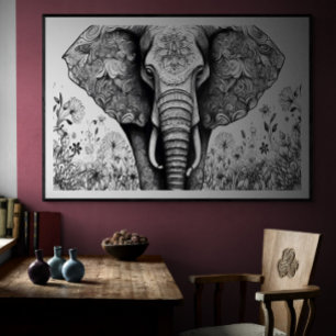 Póster Elefante de dibujo de línea blanca y negra   Ai