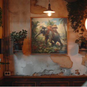 Póster Elefante de escena botánica vintage con howdah