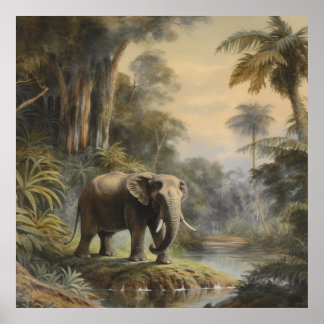 Póster Elefante de escena botánica vintage por río jungla
