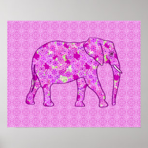 Póster elefante de flores - orquídea y magenta