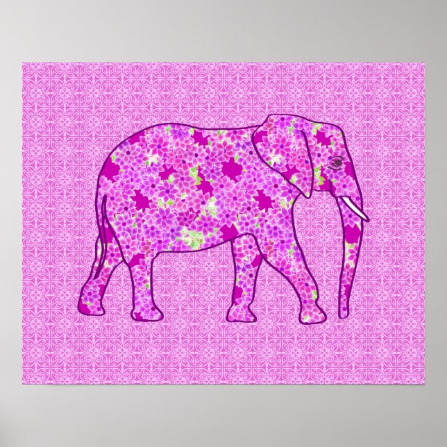 Póster elefante de flores - orquídea y magenta (Frente)