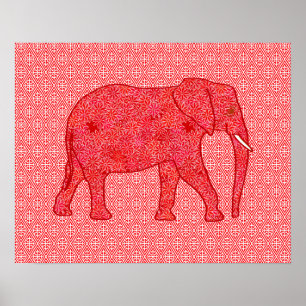 Póster elefante de flores - rojo profundo y coral