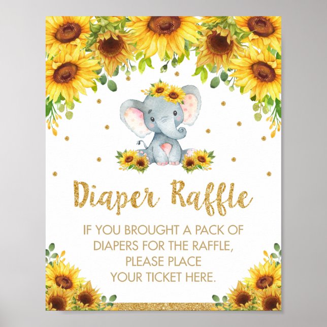 Póster Elefante de girasol Baby Shower Diaper Raffle Rótu (Frente)