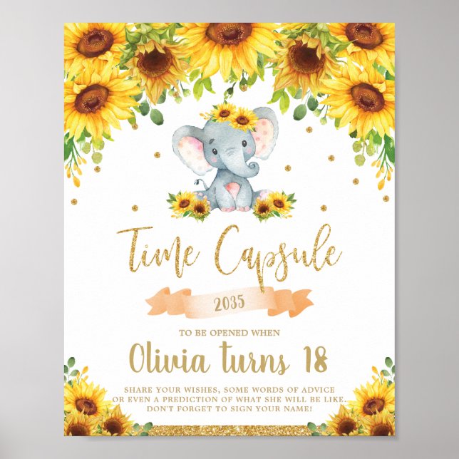 Póster Elefante de girasol Primera cápsula de cumpleaños (Frente)
