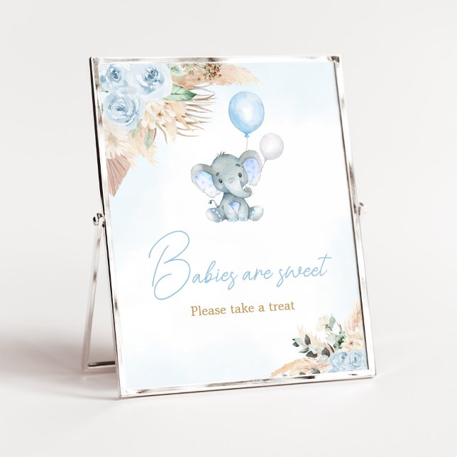 Póster Elefante de globo azul Baby Shower Los bebés son d (Blue Floral Pampas Grass Elephant Baby Shower Babies are Sweet SIgn)
