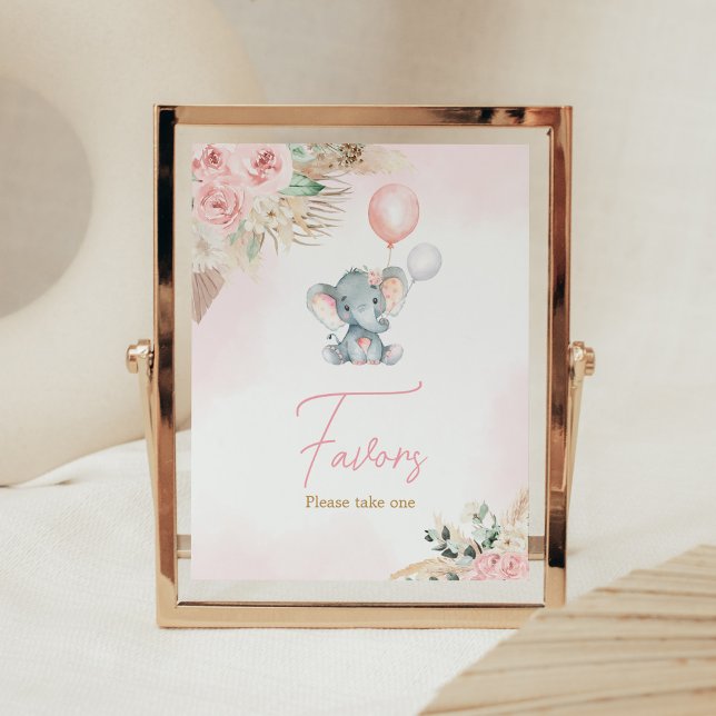 Póster Elefante de globo rosa Baby Shower favorece (Pink Floral Pampas Grass Elephant Baby Shower Favors Sign)