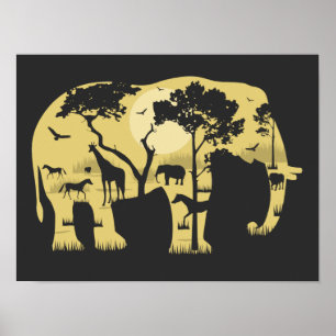 Póster Elefante de la sabana africana atardecer árbol de