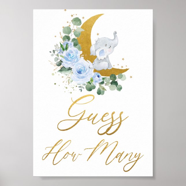 Póster Elefante de la vegetación floral azul adivina cuán (Frente)