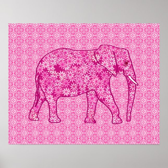 Póster Elefante de las flores - rosa fucsia (Frente)