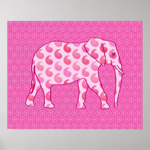 Póster elefante de paisley - rosa hielo y fucsia