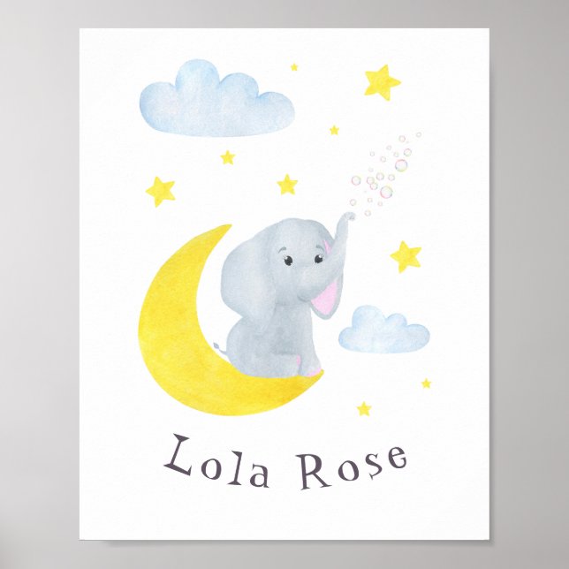 Póster Elefante de personalizable Moon Stars Nursery Wall (Frente)