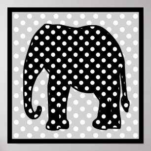 Póster Elefante de puntos de polka blanco y negro