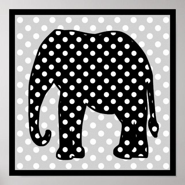Póster Elefante de puntos de polka blanco y negro (Frente)