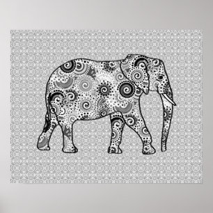 Póster elefante de remolino fractal - gris, negro y blanc